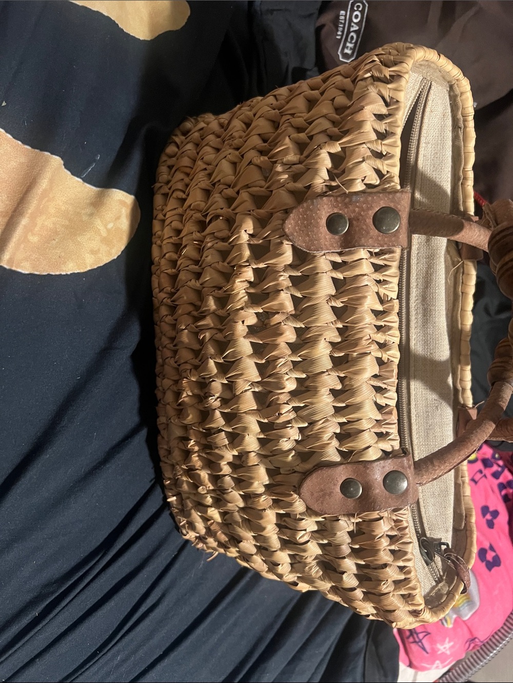 Coach Woven Straw Tote with Brown Leather Trim